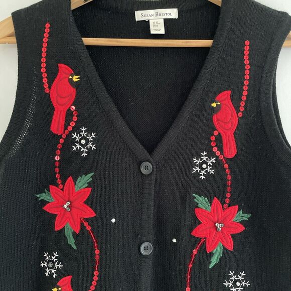 VTG Susan Bristol Christmas Holiday Vest Red Cardinals Birds Sequins Poinsettia - Picture 4 of 8